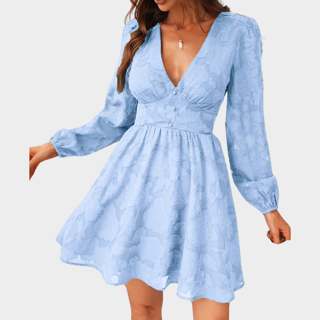 Women’s A-Line Mini Dress – Long Sleeve Lace Detailing – Plunge Neckline – Lightweight Fabric – Multiple Colours