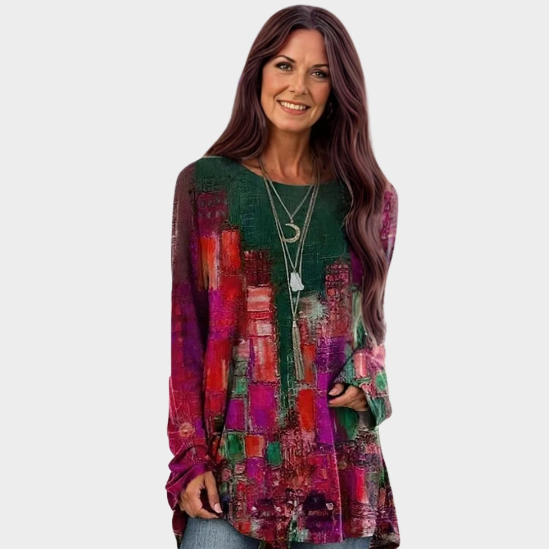 Winter Women’s Long Sleeve T-Shirt - Round Neck, Loose Fit, Printed Top (Green/Red, Brown/Blue, and More)