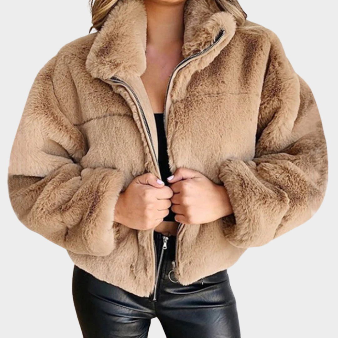 Women Faux Fur Jacket – Short Plush Coat with Turn Down Collar Slim Fit Outwear – Multiple Colours