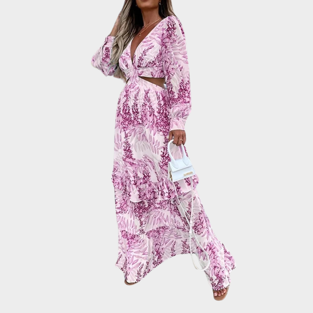 Women’s Printed V-Neck Long Sleeve Dress – Elegant Lightweight Fit with All-Over Pattern – Casual Beachwear Style – Multiple Colours