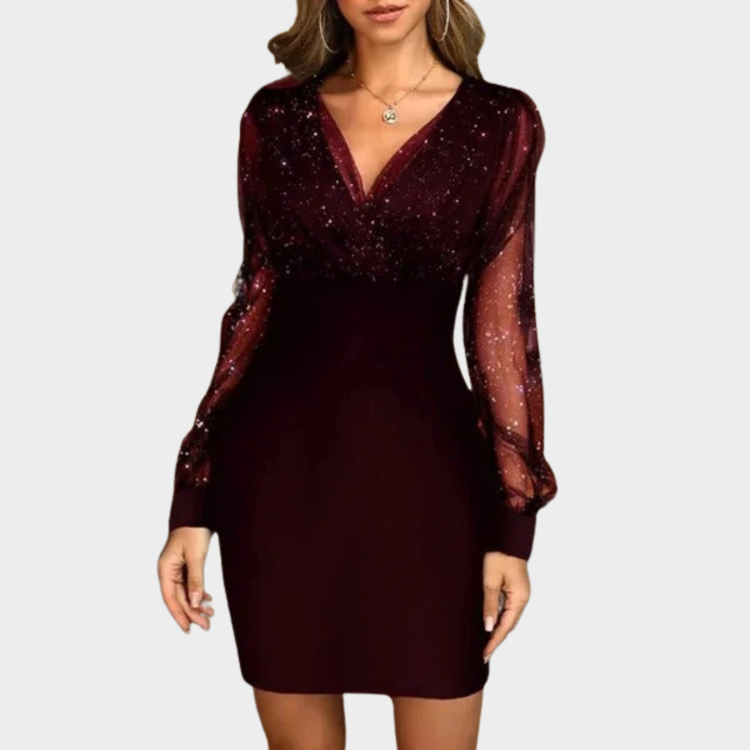 Women's Mini Dress – V-Neck Sheer Long Sleeve Dress – Elegant Party Dress – Fitted Silhouette – Multiple Colours