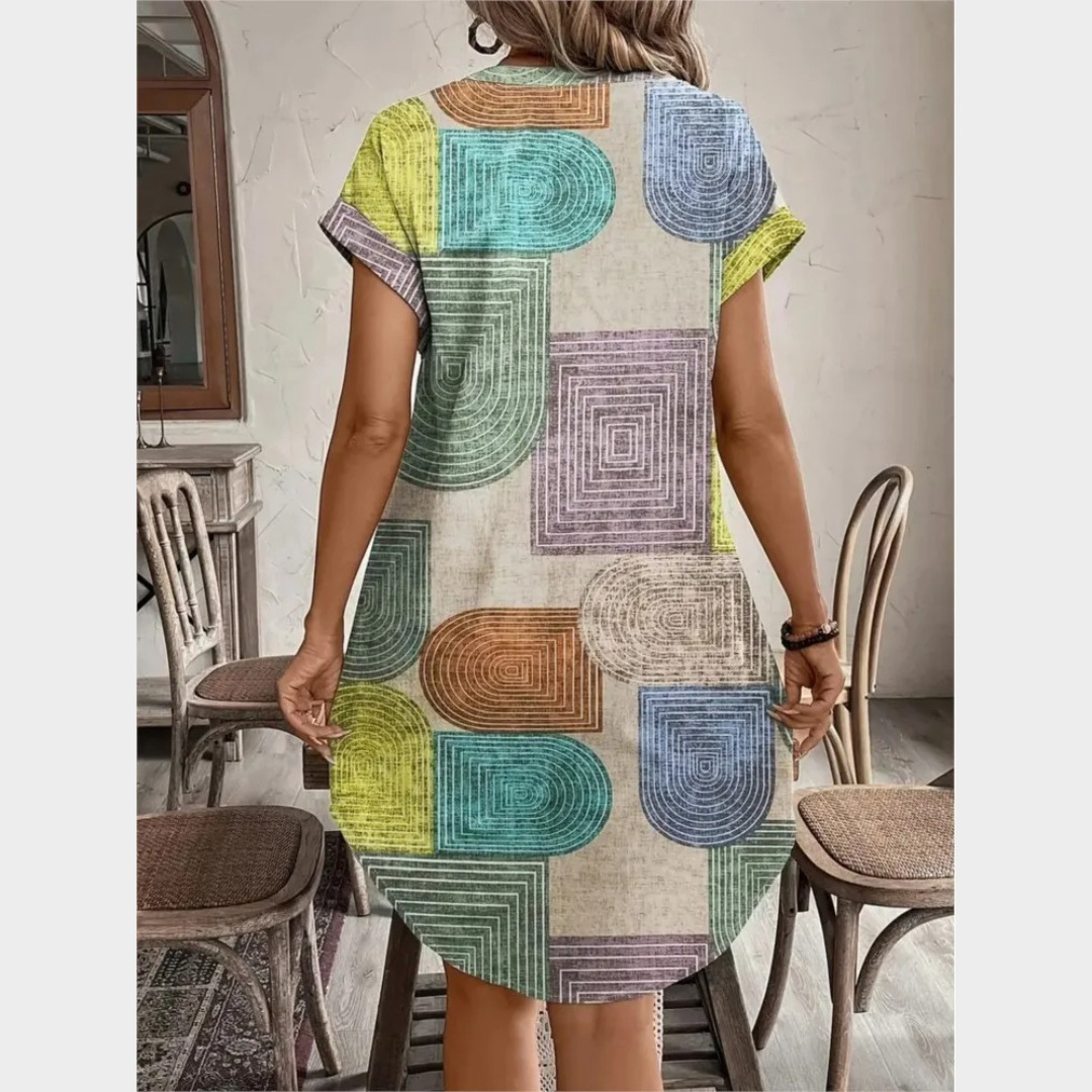 Women’s Vintage Printed Shirt Dress – Elegant V-Neck – Button Front – Colour Block – Relaxed Fit – Multicolour