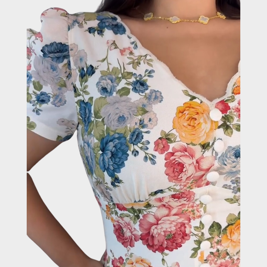 Women's Bohemian Maxi Dress – V-Neck Flowy A-Line Dress – Puff Short Sleeves – Soft Fabric – Flowers
