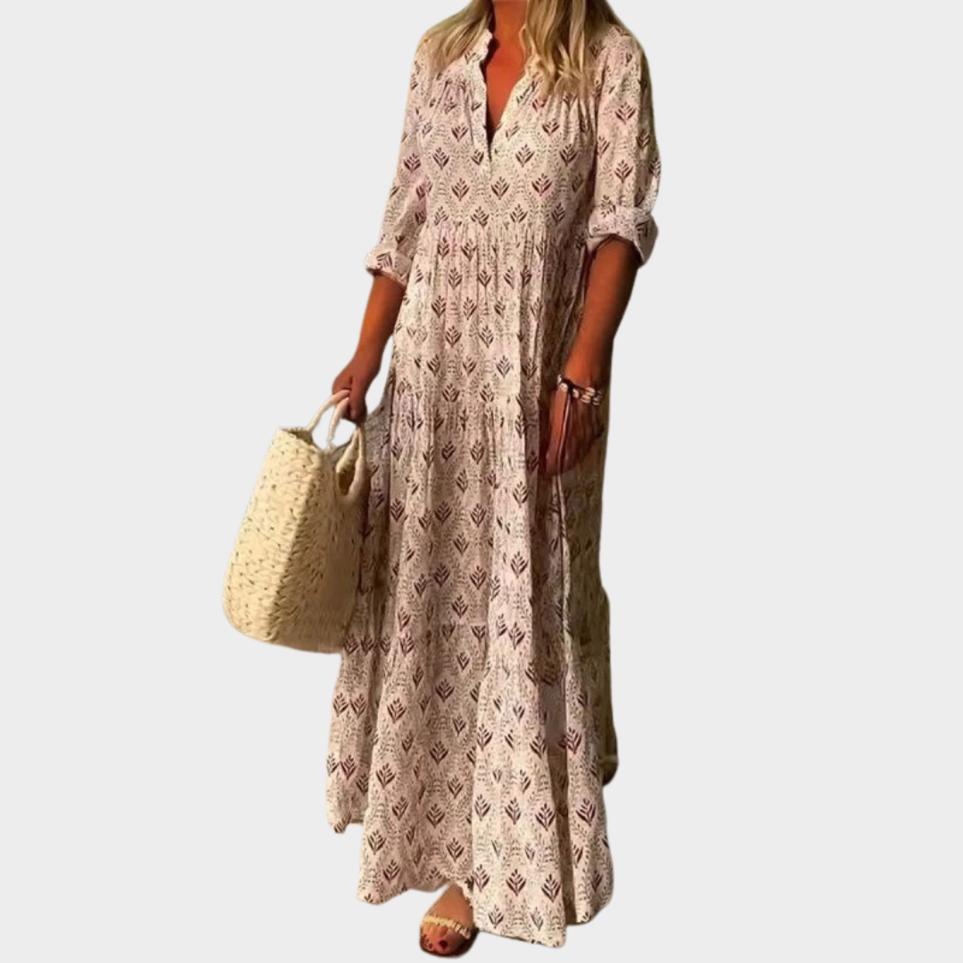 Women’s Long Boho Dress – V-Neck Casual Fit with Vintage Print – Lightweight Loose Long Sleeve Style – Multiple Colours