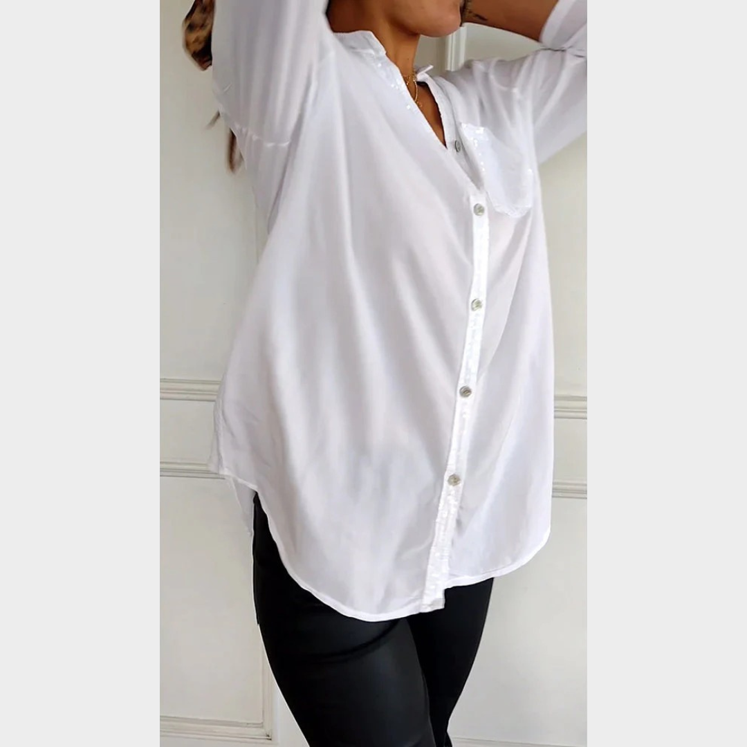 Women’s Button Blouse – Sequined Pocket Detail and Lantern Sleeves – Relaxed Workwear Fit – Lightweight Polyester – Multiple Colours