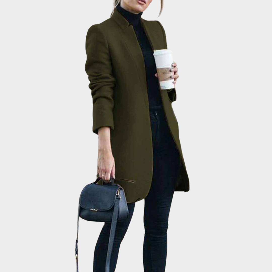 Women's Woolen Coat – Mid-Length Overcoat – Stand Collar – Slim Fit – Elegant Design – Multiple Colours
