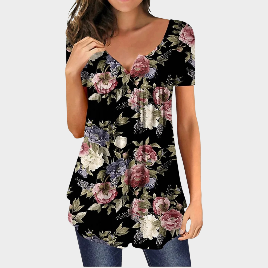 Women’s Printed V-Neck Tunic Blouse – Short Sleeve Loose Fit Top – Button Front Detail – Lightweight Digital Design – Soft Comfortable Fabric – Multiple Colours