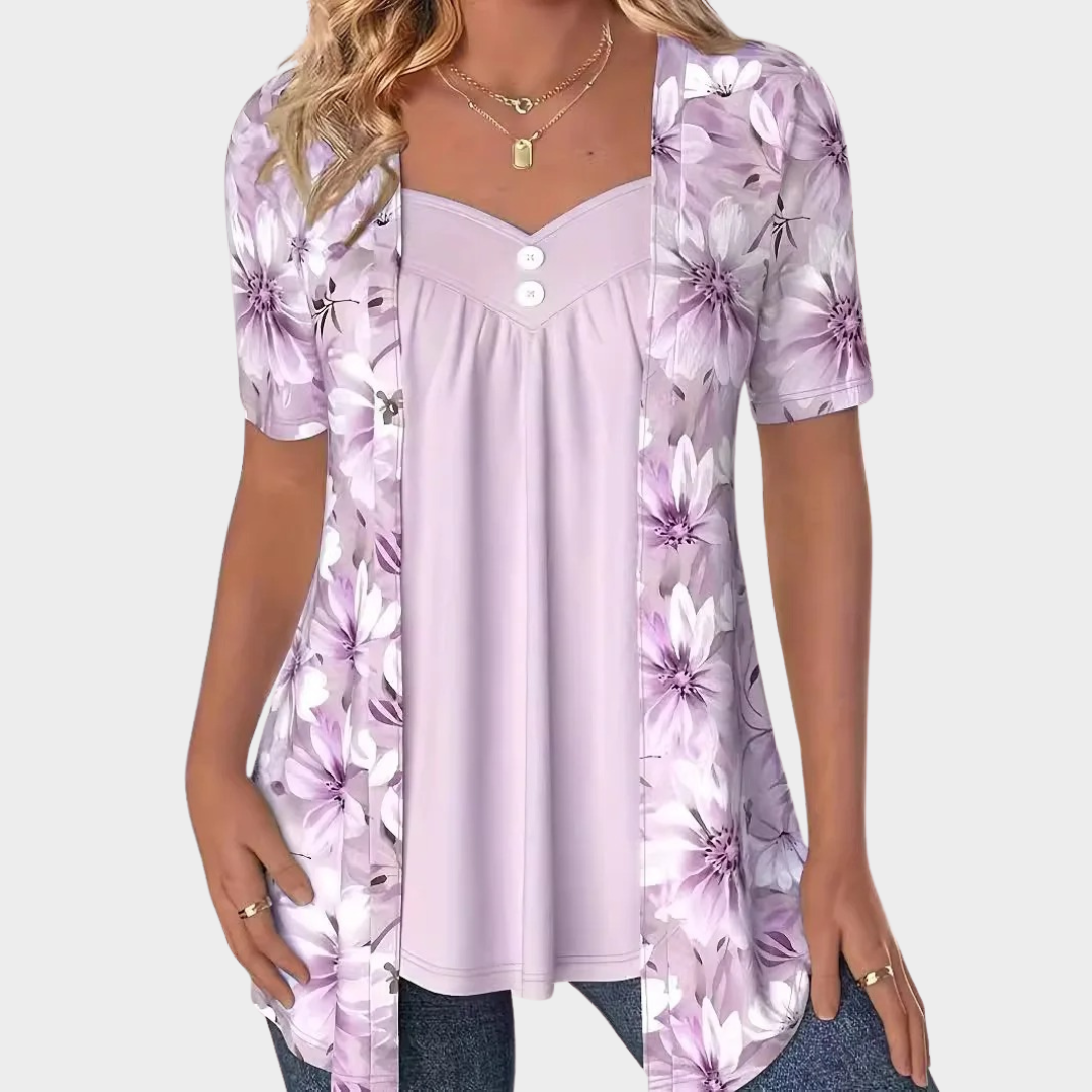 Women’s Floral Layered-Look Blouse – Short Sleeve V-Neck Casual Fit – Printed Patchwork Style – Cotton-Polyester Blend – Multiple Colours