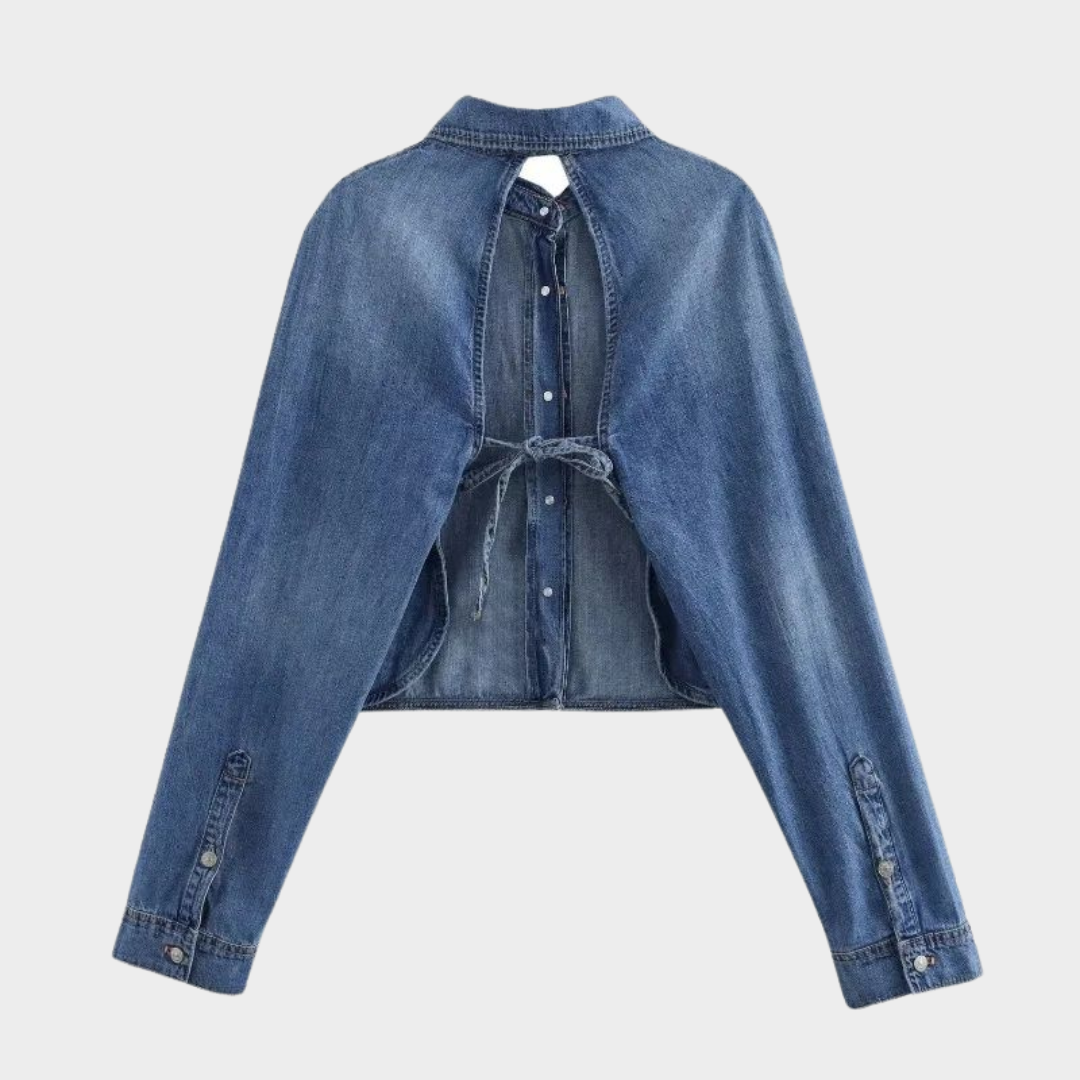 Women's Backless Denim Shirt – Long Sleeve – Vintage Blouse – Stylish Casual Top – Blue