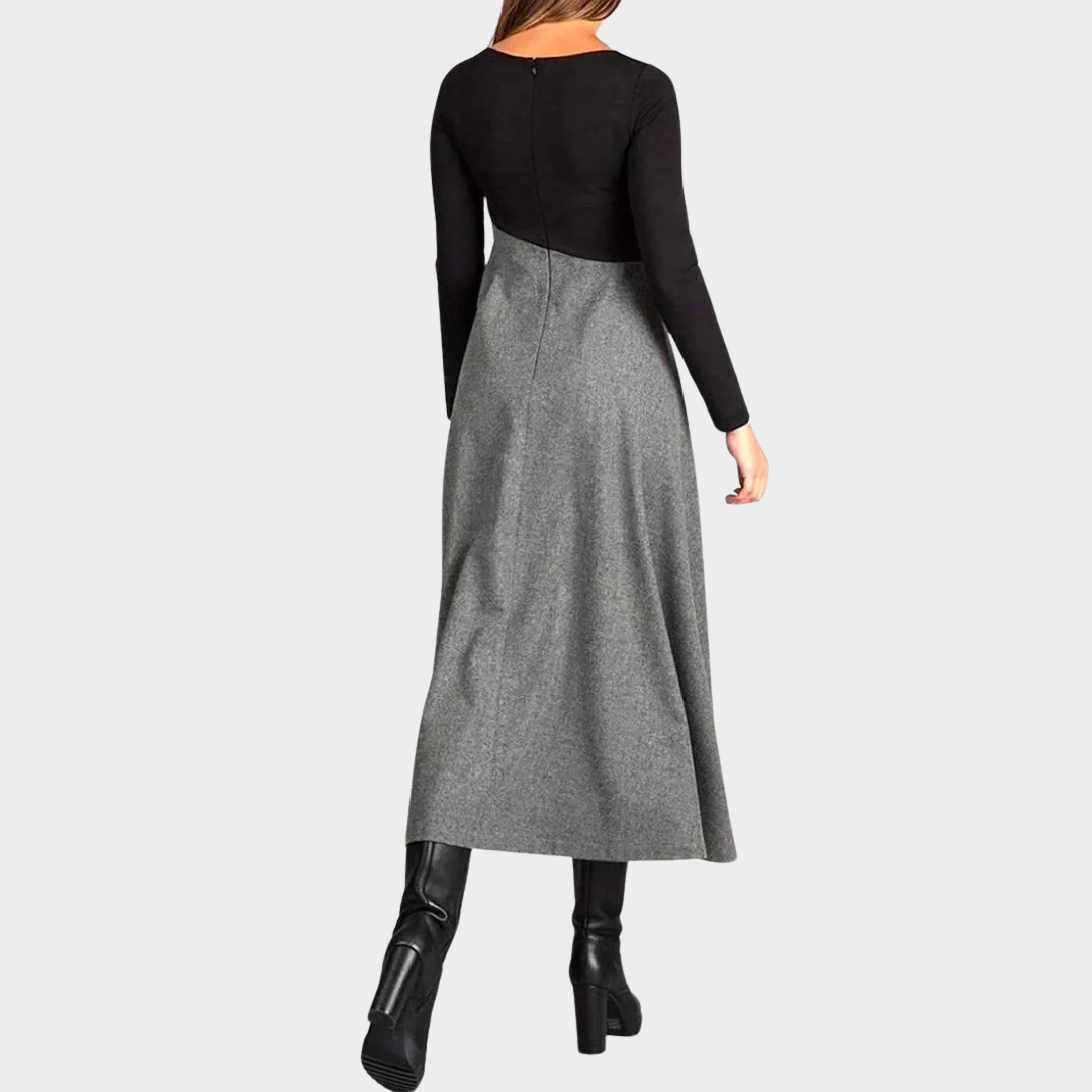 Women Elegant V-Neck Long Sleeve Dress – Tweed A-Line Mid Waist with Colour Block Design – Sophisticated Casual Wear – Grey