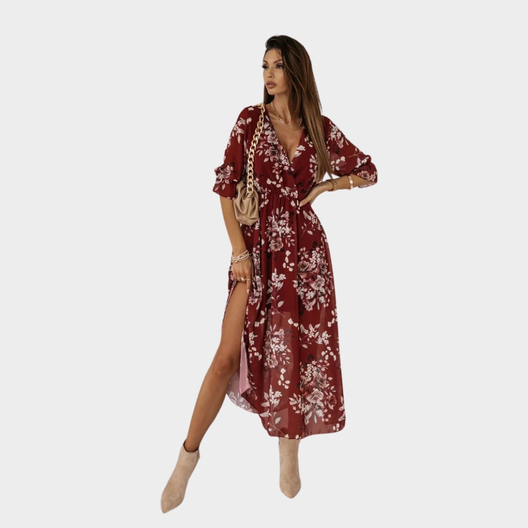 Women's Floral Chiffon Maxi Dress - V-Neck - Short Sleeve - Front Split - Elegant & Flowy - Multiple Colours