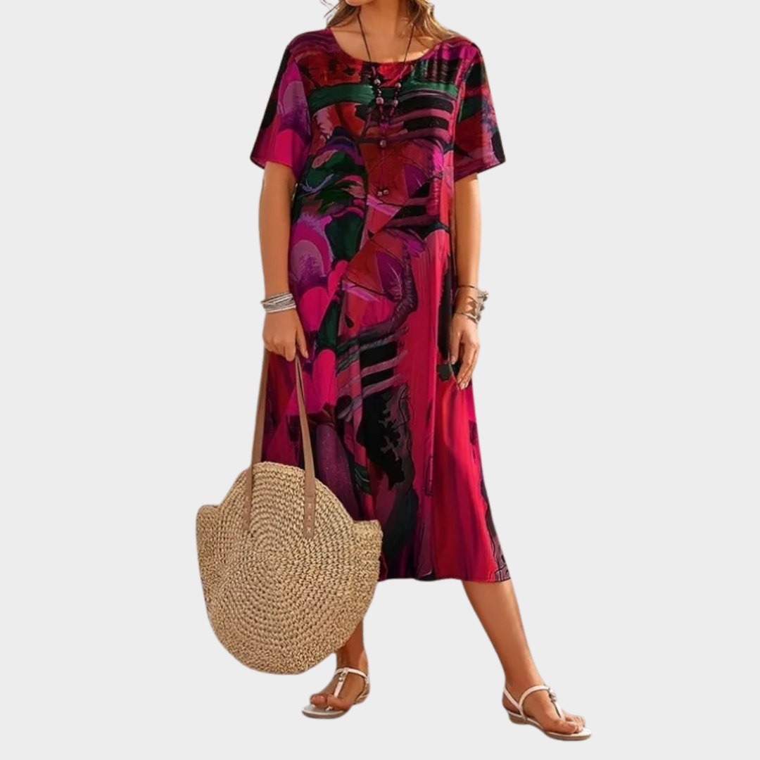 Women’s Loose Fit Midi Dress – Art Print – Round Neck – Short Sleeve – Lightweight Fabric – Multiple Colours