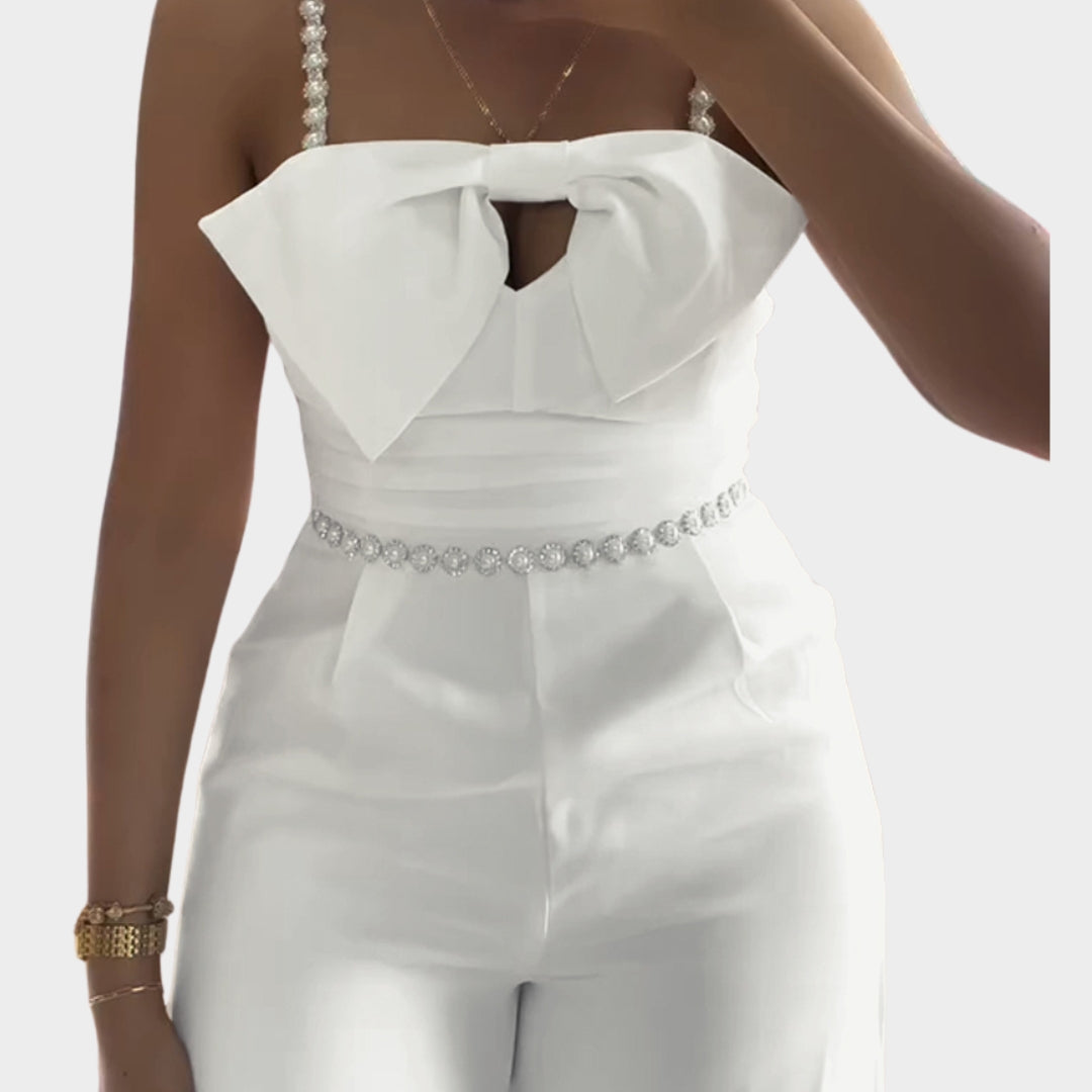 Spring Women’s Elegant Jumpsuit – Bandeau, Beading, Bowknot Design, Ruffles, Slim Fit, Wide Leg, White