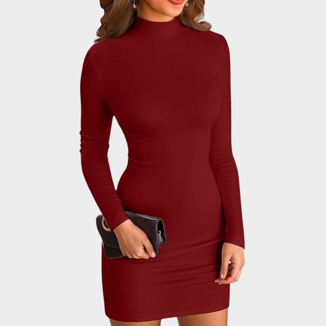 Women's Long-Sleeve Bodycon Dress - Mock Neck - Ribbed Knit - Slim Fit - Mini Pencil Dress - Multiple Colours