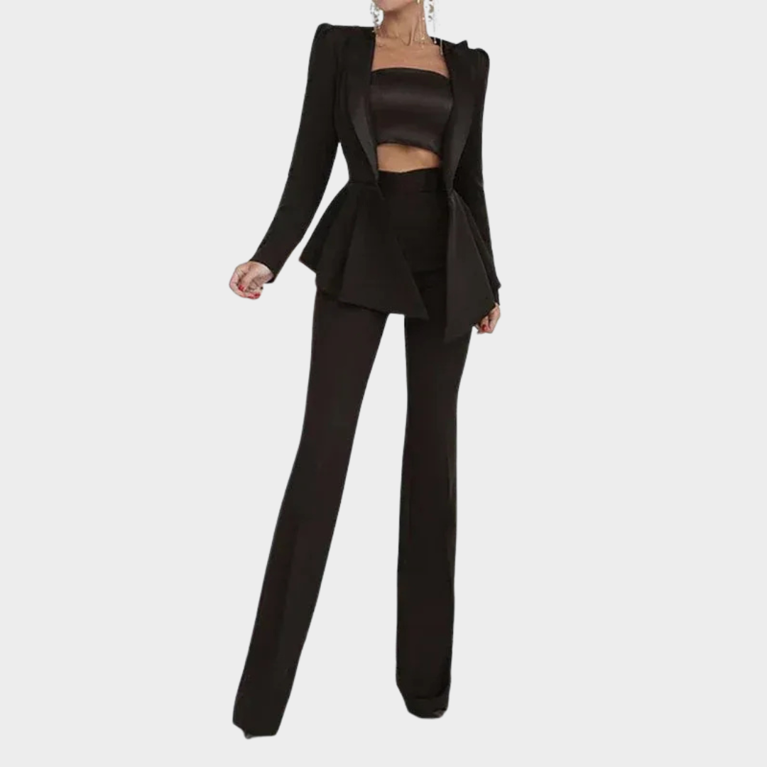 Women's Three-Piece Set – Tailored Fit Blazer with Padded Shoulders, Tube Top and Trousers – Multiple Colours