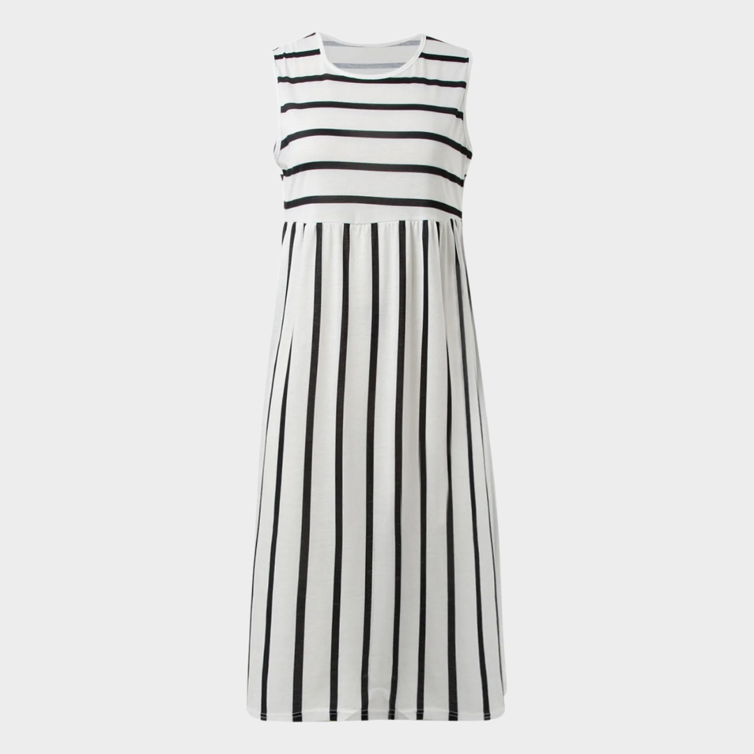 Women’s Sleeveless Long Dress – Striped Pattern – Round Neck – Relaxed Fit – Pocket Detail – Multiple Colours