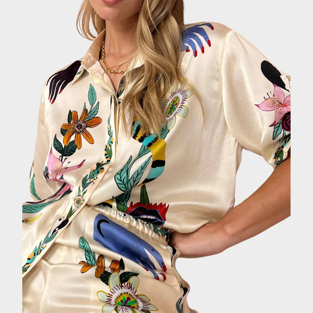 Women's Graffiti Print Satin Shirt & Trousers Set – Casual Short Sleeves – Beige