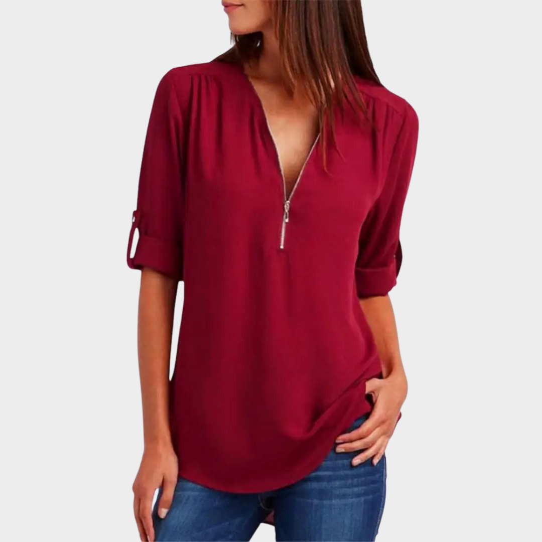 Women’s Loose Fit Chiffon Blouse – Zipper V-Neck – Half Sleeve Lightweight Shirt – Multiple Colours
