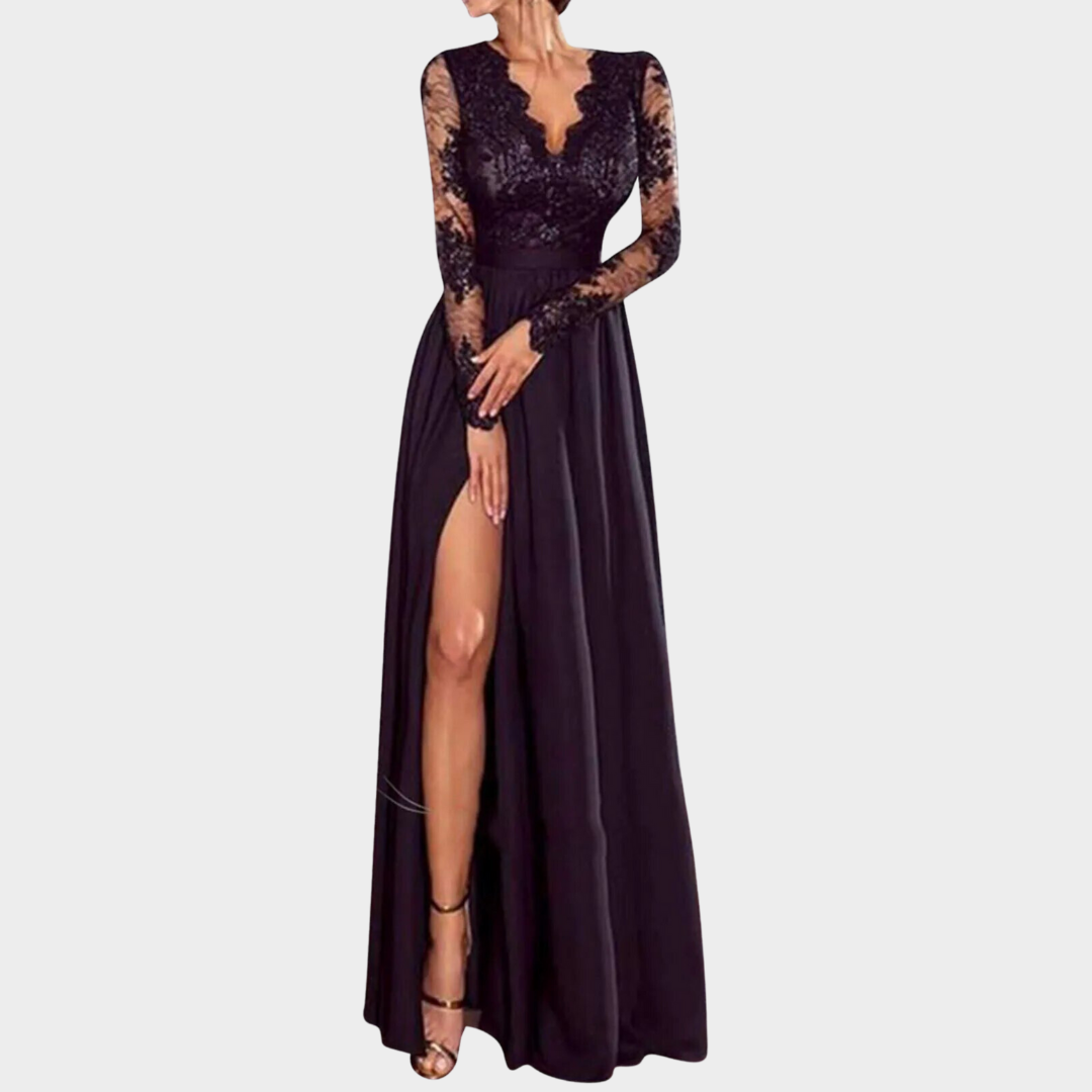 Women’s V-Neck Lace Party Dress – Elegant Long Fit – High Split Detail – Mesh Jacquard Fabric – Lightweight Formal Style – Black