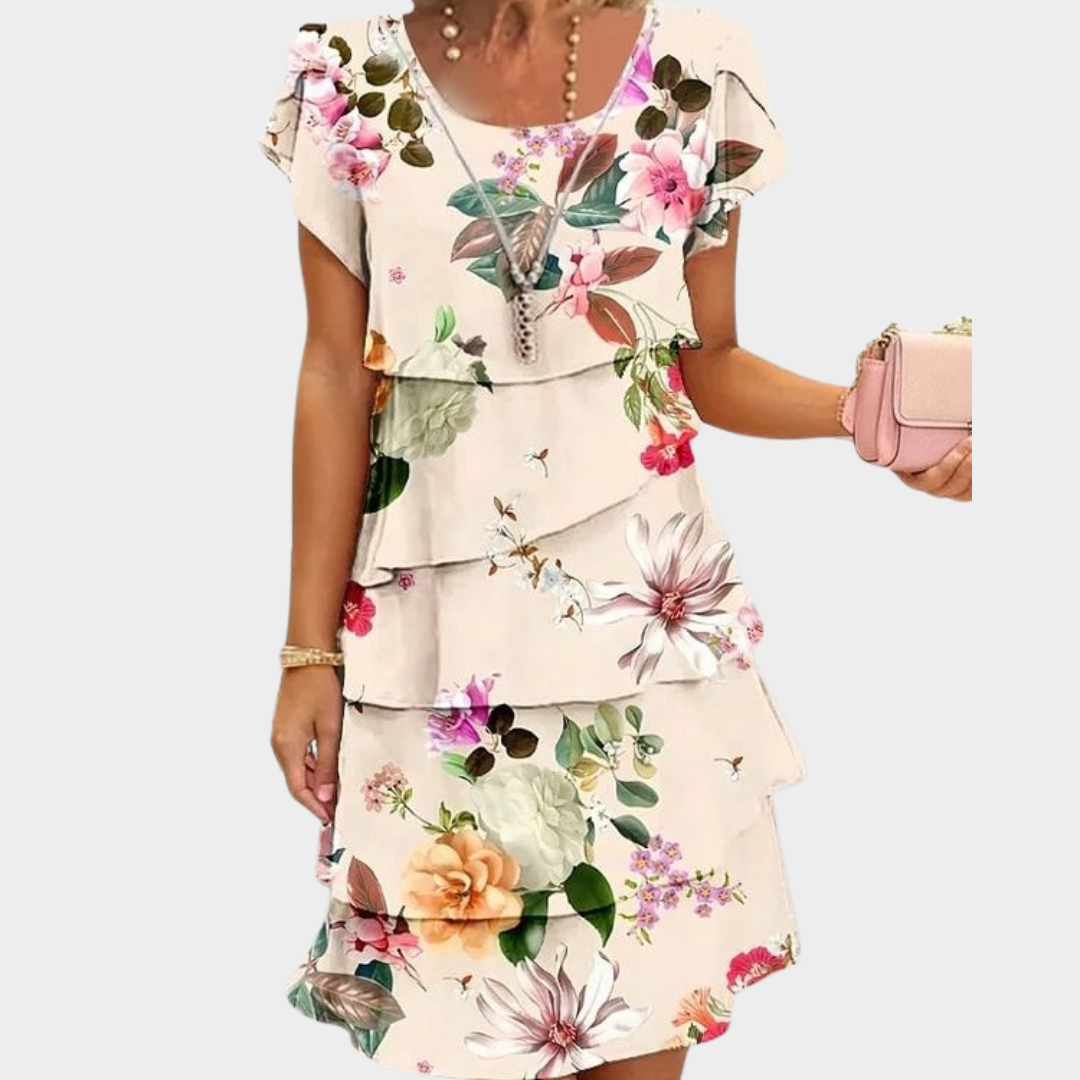 Women’s Floral Chiffon A-Line Dress – Crew Neck Tiered Pleated Style with Short Sleeves – Elegant Lightweight Fit – Multiple Colours