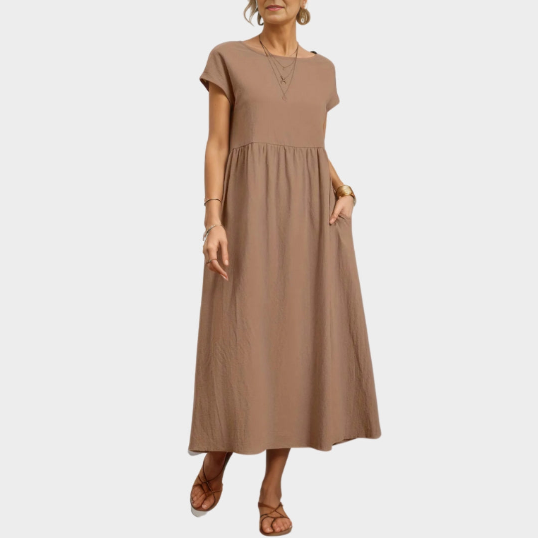 Women's Long Cotton-Linen Dress O-Neck Relaxed Fit Vintage Sun Dress - Multiple Colors