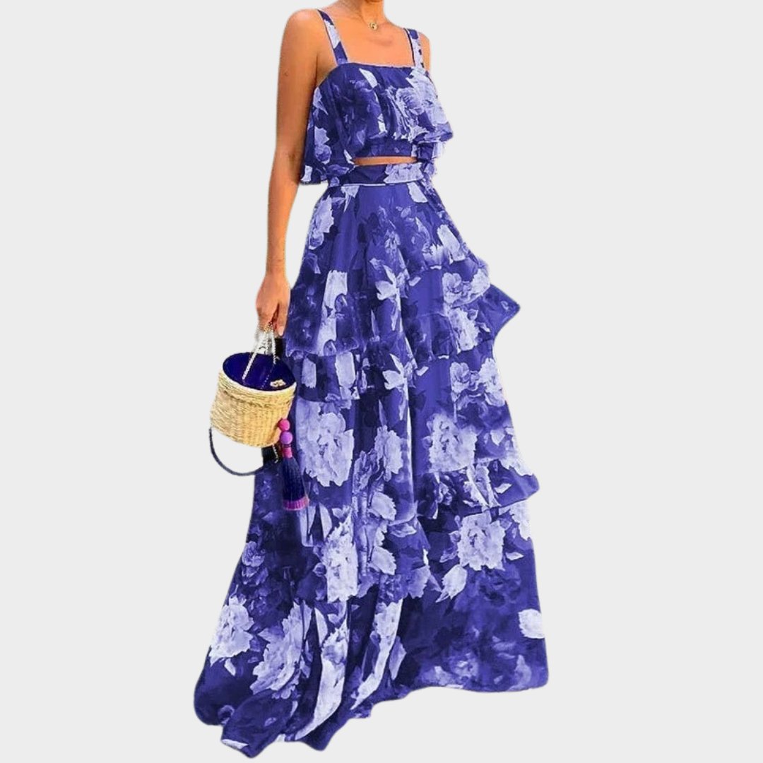 Women Two Piece Set – Halter Neck Top with Layered Cake Skirt – Floral Print – Soft Lightweight Fabric – Relaxed Fit – Multiple Colours
