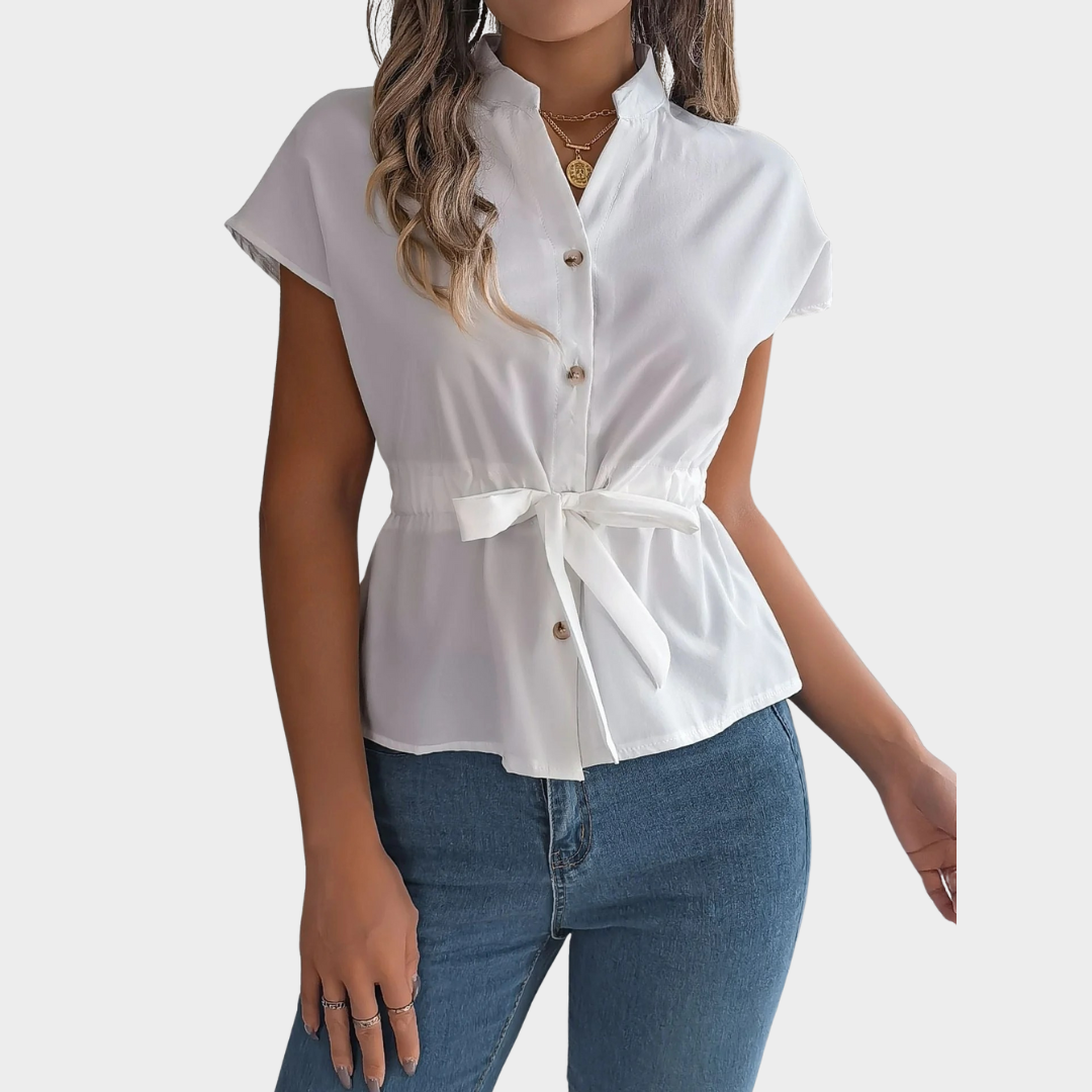 Women Button-Up Shirt – Elegant V-Neck Chiffon with Belt Style – Multiple Colours