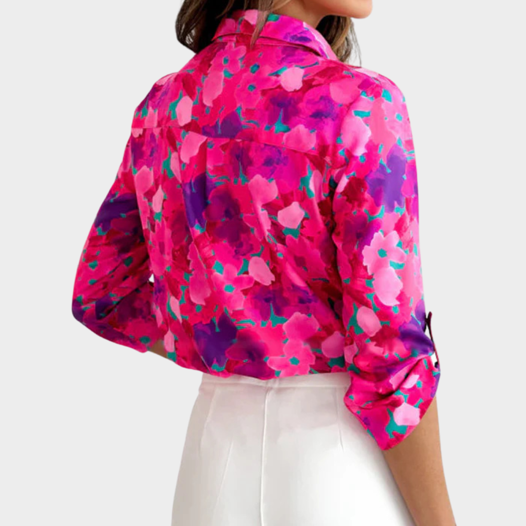 Women’s V-Neck Floral Blouse – Long Sleeve Button-Down Shirt – Lightweight Cotton-Polyester Fabric – Pink