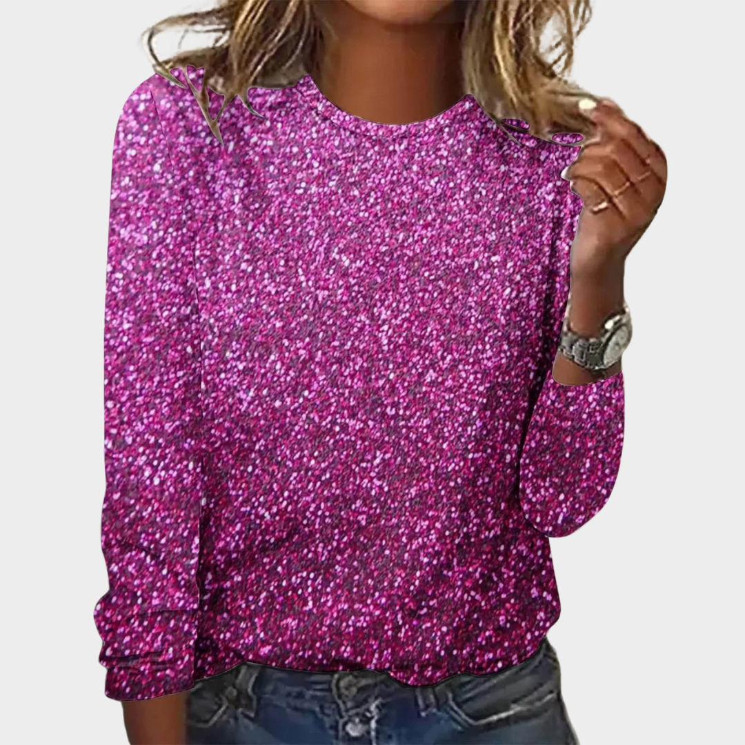 Women’s Long Sleeve Digital Print Blouse – Round Neck Loose Fit – 3D Glitter Look – Cotton-Polyester Blend – Multiple Colours