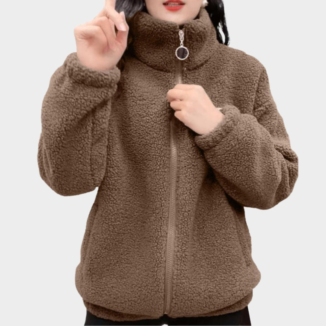 Women’s Lightweight Fleece Fluffy Coat – Streetwear Harajuku Zipper Jacket, Brown, Beige, Khaki