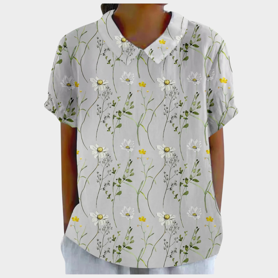 Women’s Floral Doll Collar Blouse – Loose Fit Short Sleeve Cotton-Linen Top – Vintage Style – Multiple Colours