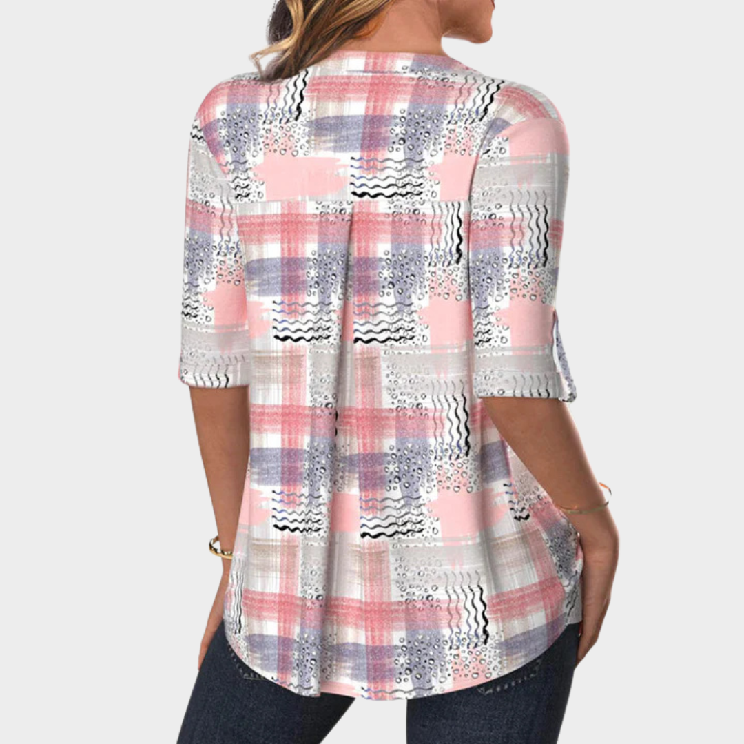Women's Printed V-Neck Blouse – Half Sleeve Casual Fit with Button Detail – Soft Cotton-Polyester Fabric – Pink