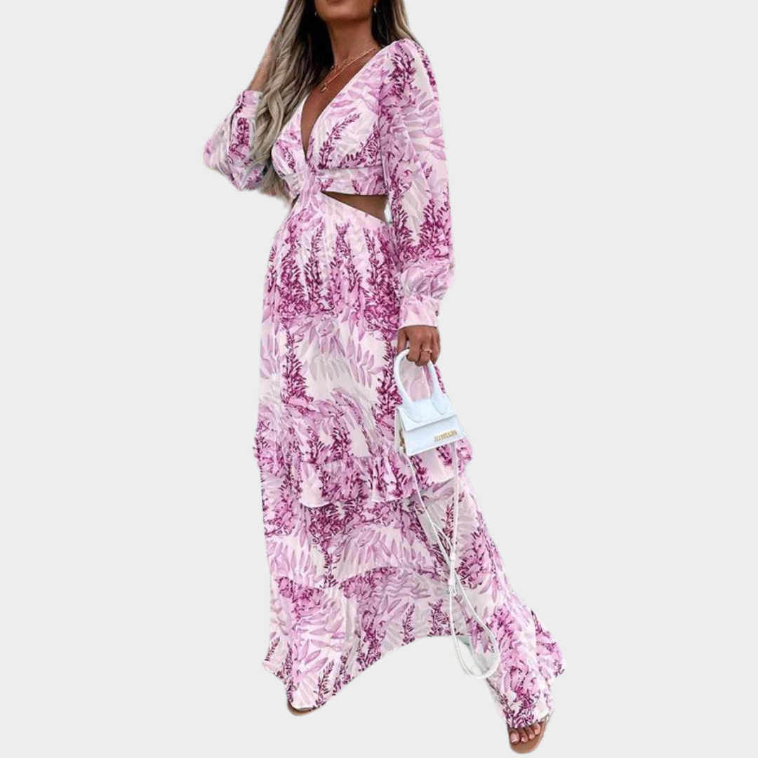 Women's Long Sleeve Maxi Dress – Deep V-Neck Ruffle Spliced Fit – Elegant Print – Multiple Colours