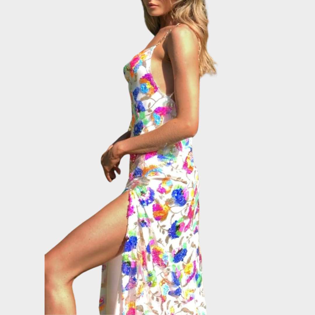 Women's Backless Maxi Dress – Embroidered Sequins – Elegant Floral Design – Flowing Fit – Lightweight Fabric – Multiple Colours