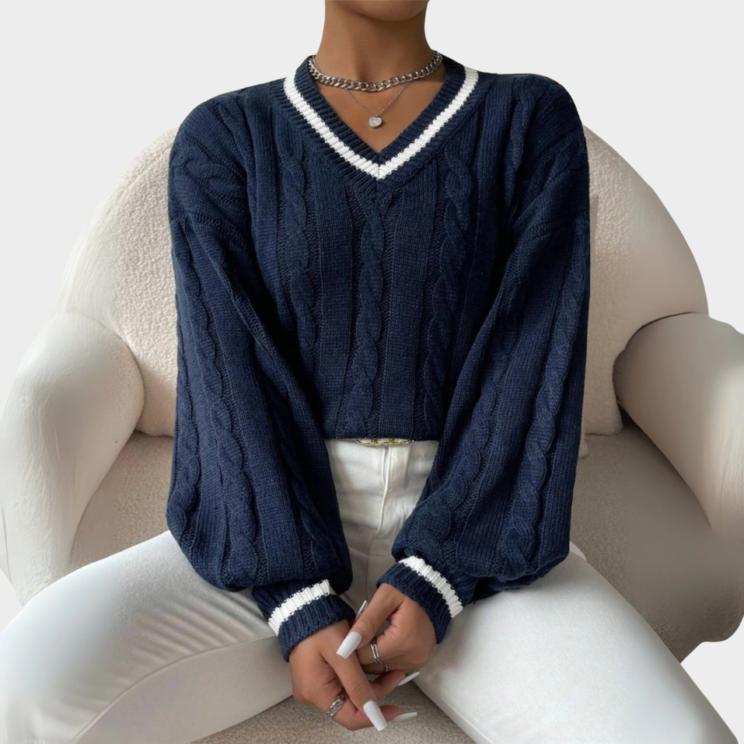 Women Knitted V Neck Sweater – Long Sleeve Loose Fit Intercolor Knitwear with Elegant Comfortable Style for Casual Outfits – Multiple Colours