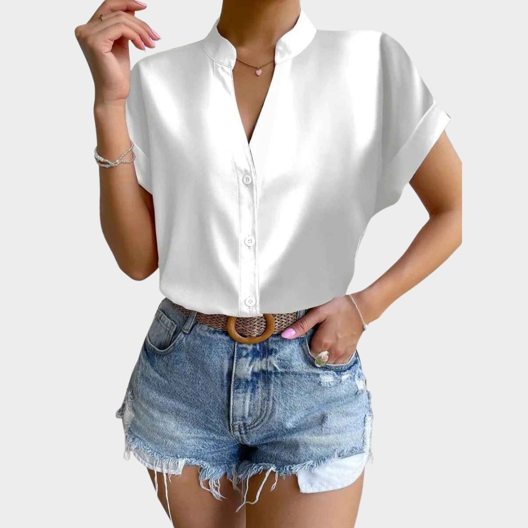 Women Bodycon Blouse – PU Leather Shirt with Fold Detail and Button Collar – Multiple Colours