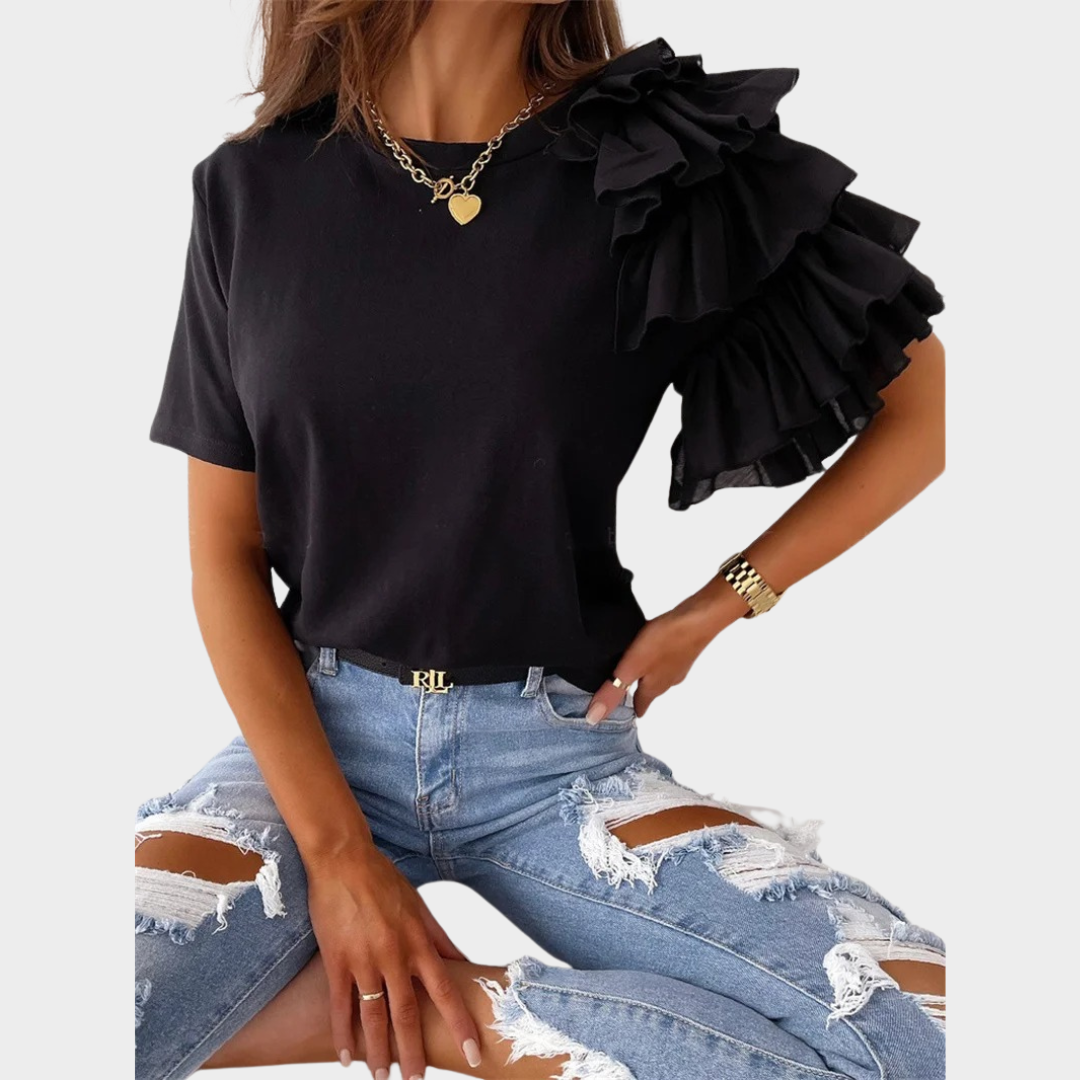 Women’s Ruffle Sleeve Loose Fit T-Shirt – Solid Colour O-Neck Casual Blouse – Lightweight Soft Fabric – Multiple Colours