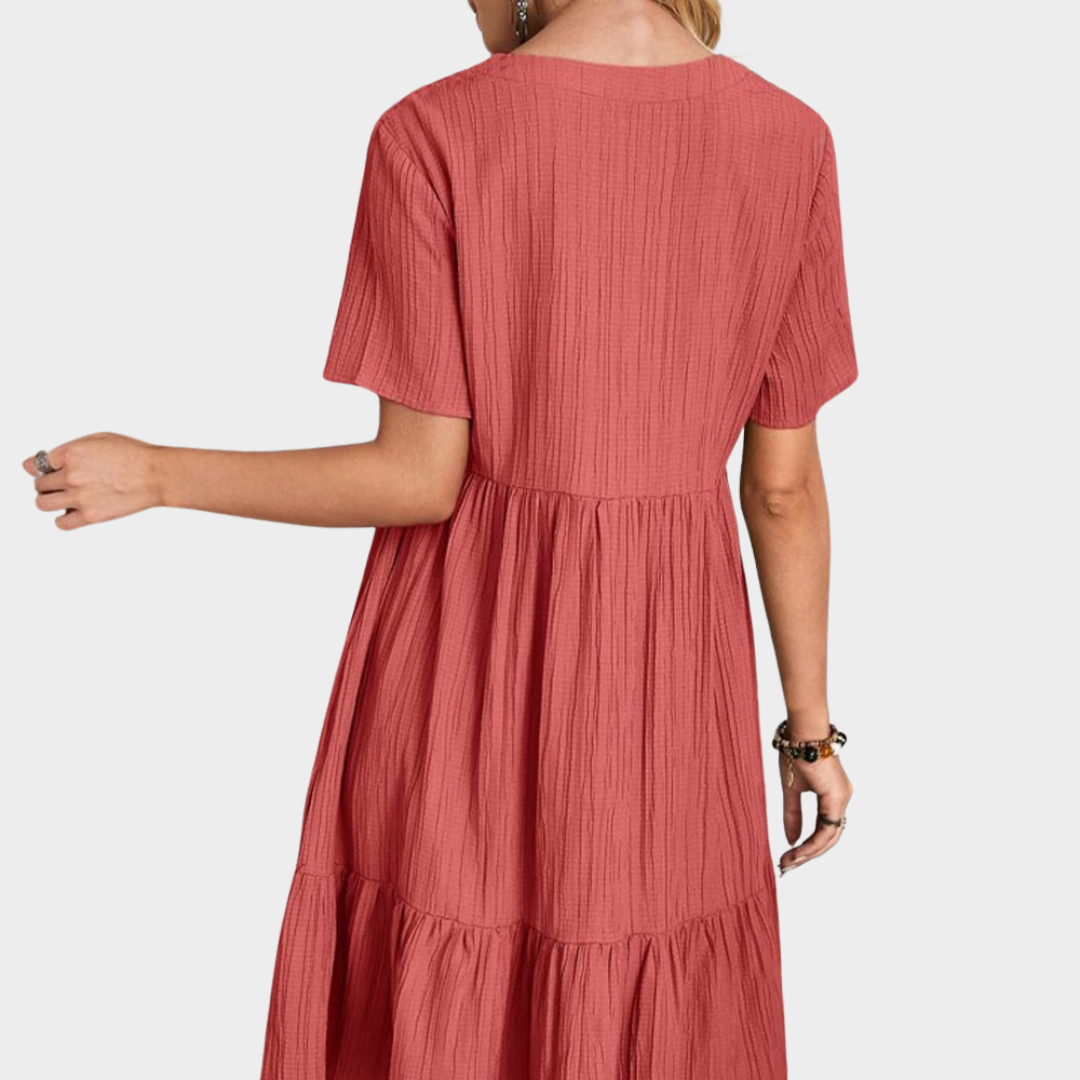 Women's Boho Midi Dress – Short-Sleeved V-Neck Dress – Casual Beach Holiday Dress – Flowy Fit – Multiple Colours