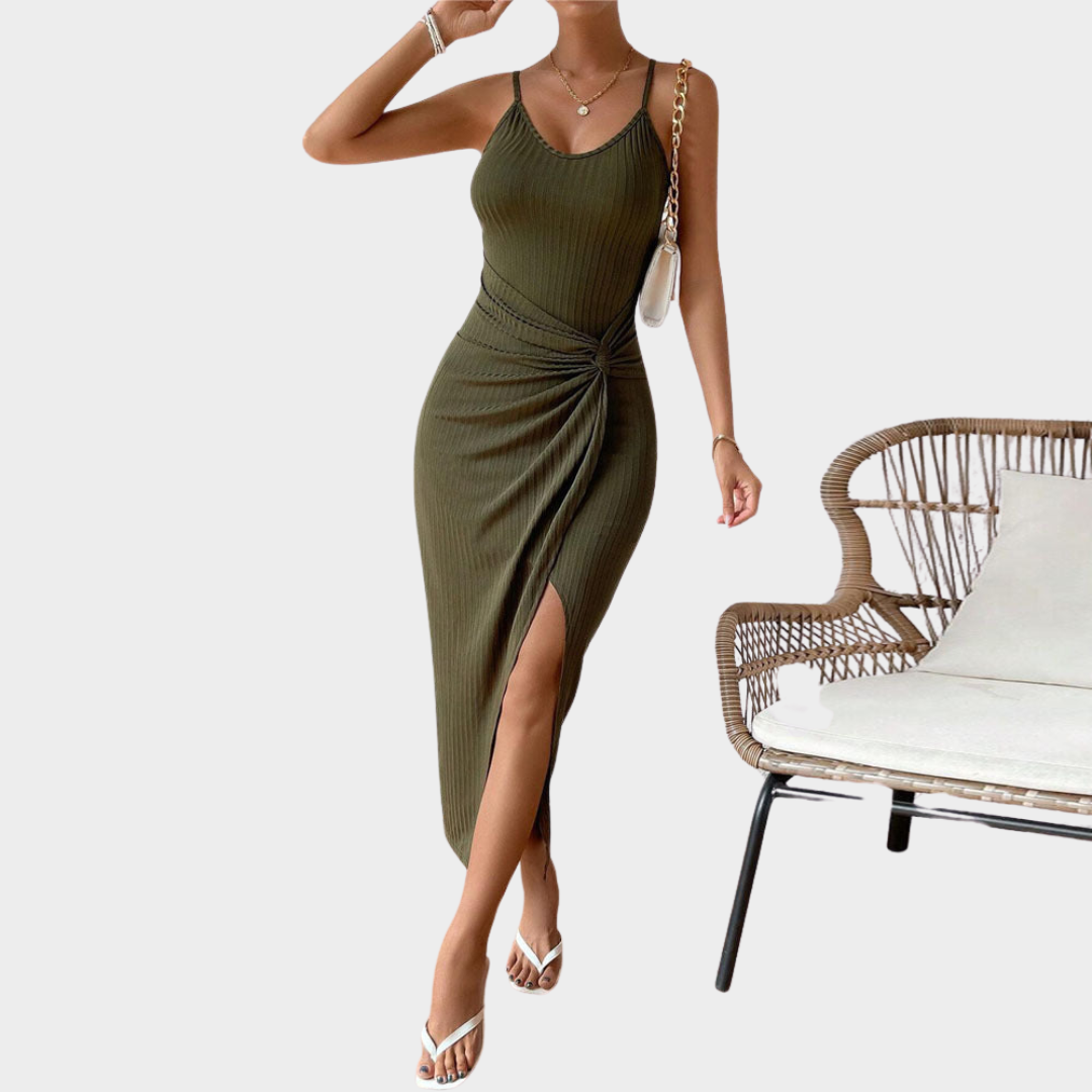 Women's Short Bodycon Dress – Cross Split – Evening Party Wear – Army Green