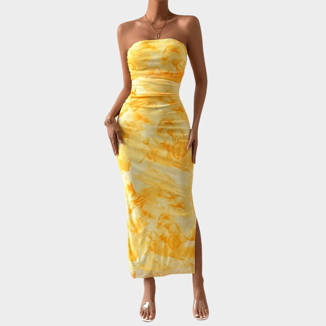 Women's High-Waisted Bodycon Dress – Strapless – Slim Fit – Printed – Yellow