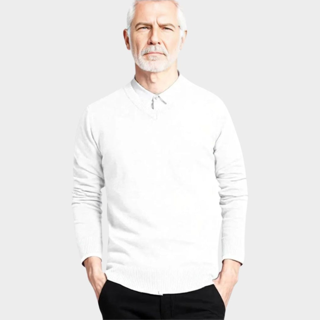 Men's V-Neck Cotton Sweater – Long Sleeve Loose Fit Knitwear, Korean Style, Black/Blue/White/and More