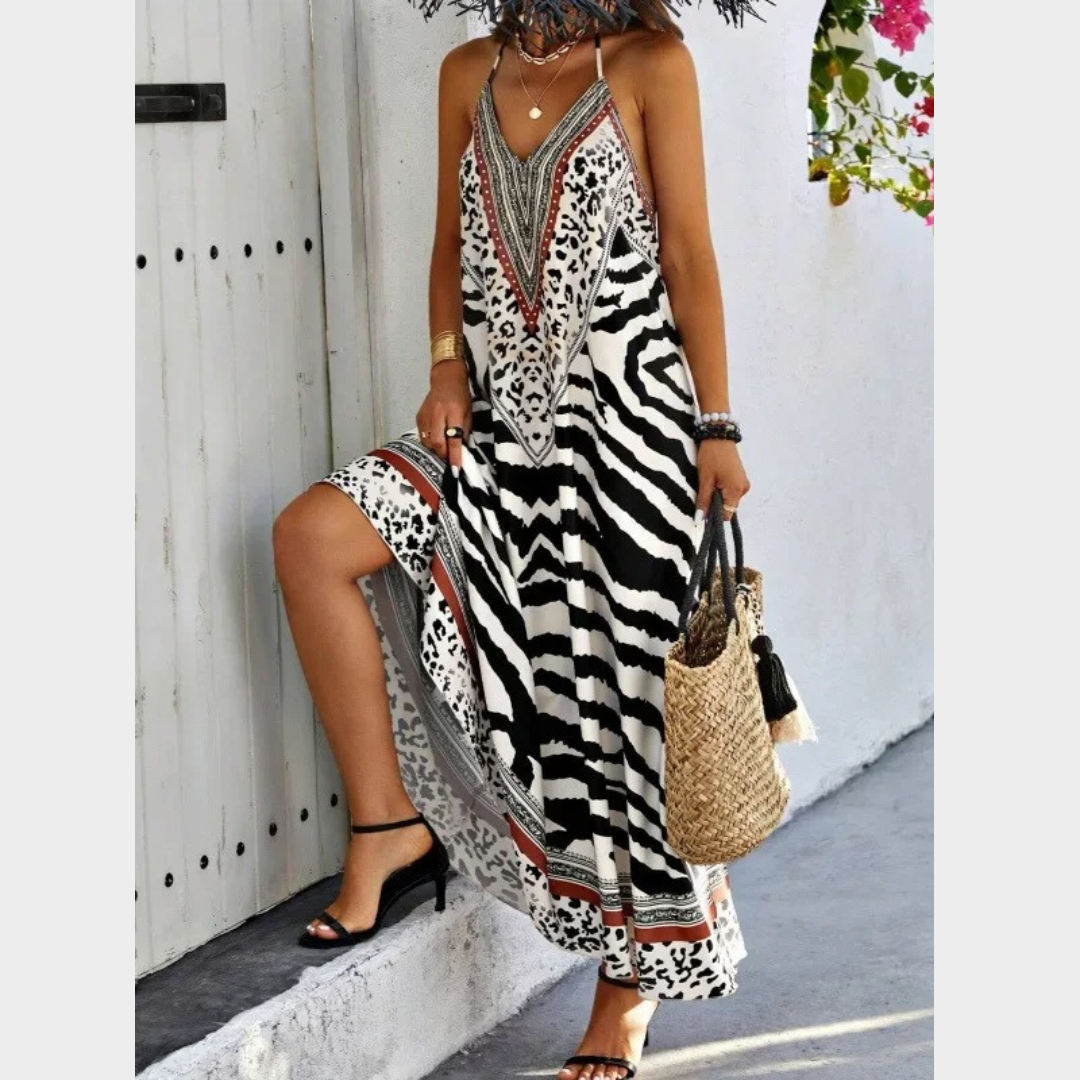 Women Sleeveless Off-Shoulder Dress – Animal Print – Backless – Lightweight Fabric – Black