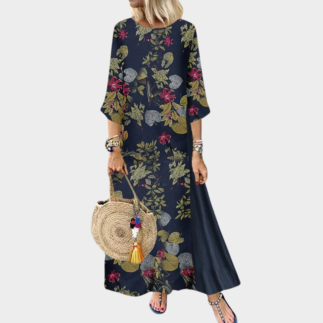 Women's Floral Print A-Line Dress – High Split – Half Sleeve – Navy Blue