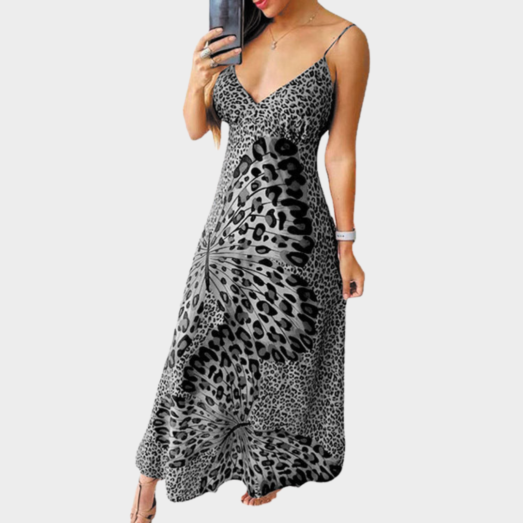 Women's Maxi Dress – Leopard & Butterfly Print – V-Neck Corset – Sleeveless – Multiple Colours