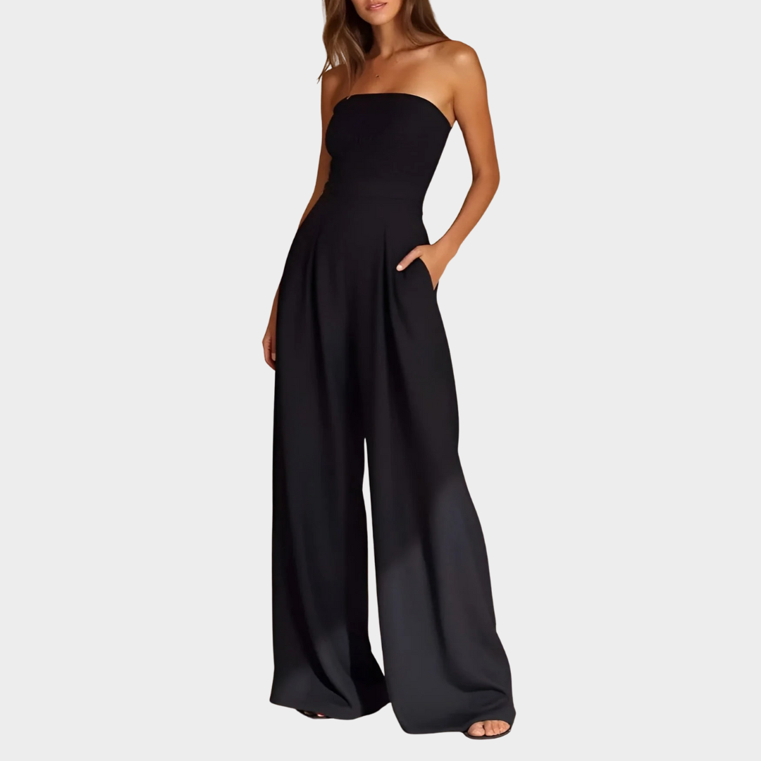 Women’s Strapless Jumpsuit – Elegant Wide Leg One-Piece with Off Shoulder Fit and Waist Cinching Design – Multiple Colours