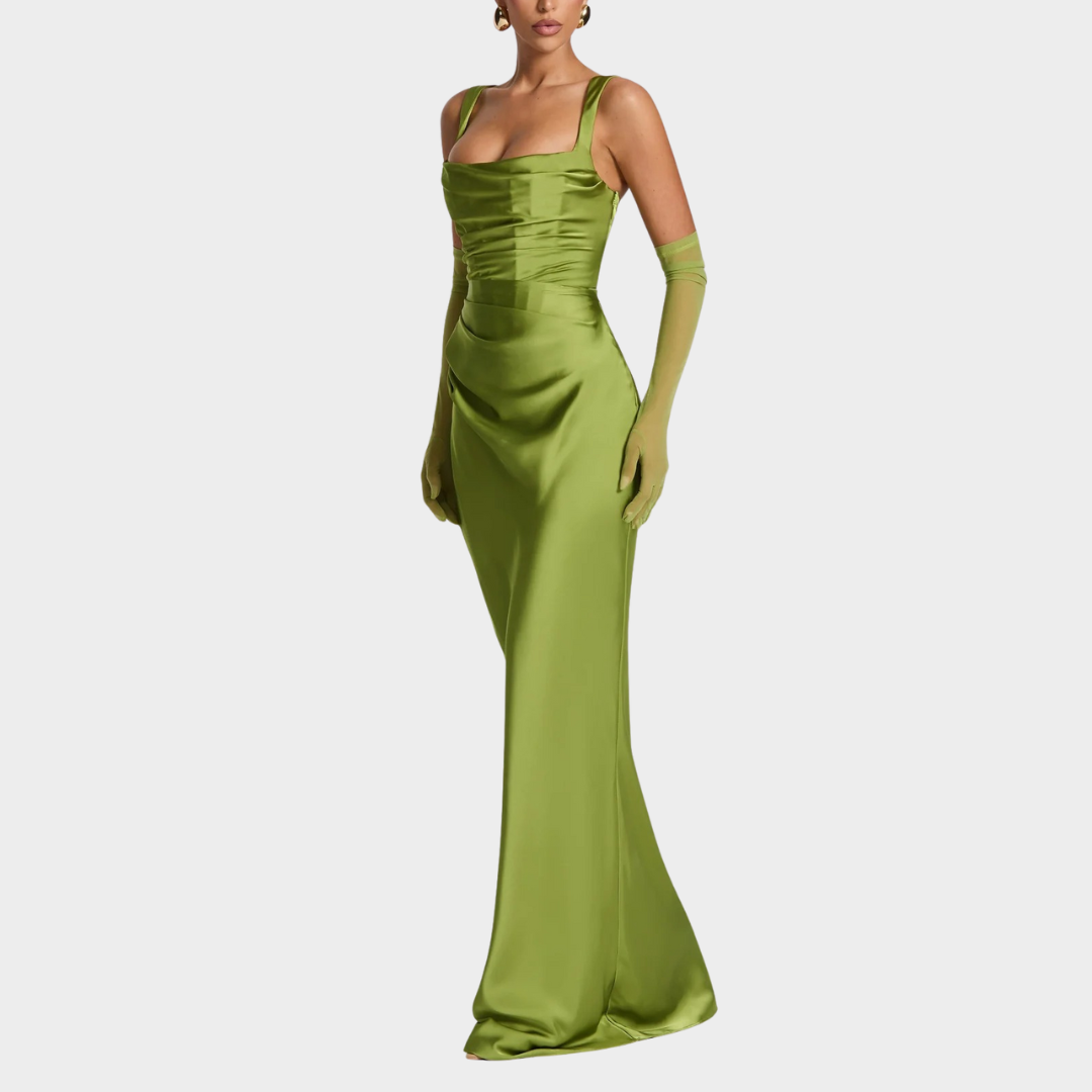 Women Slim Fit Satin Maxi Dress – Elegant Long Dress with Pleated Bodice Square Neckline and Lace Up Back – Multiple Colours