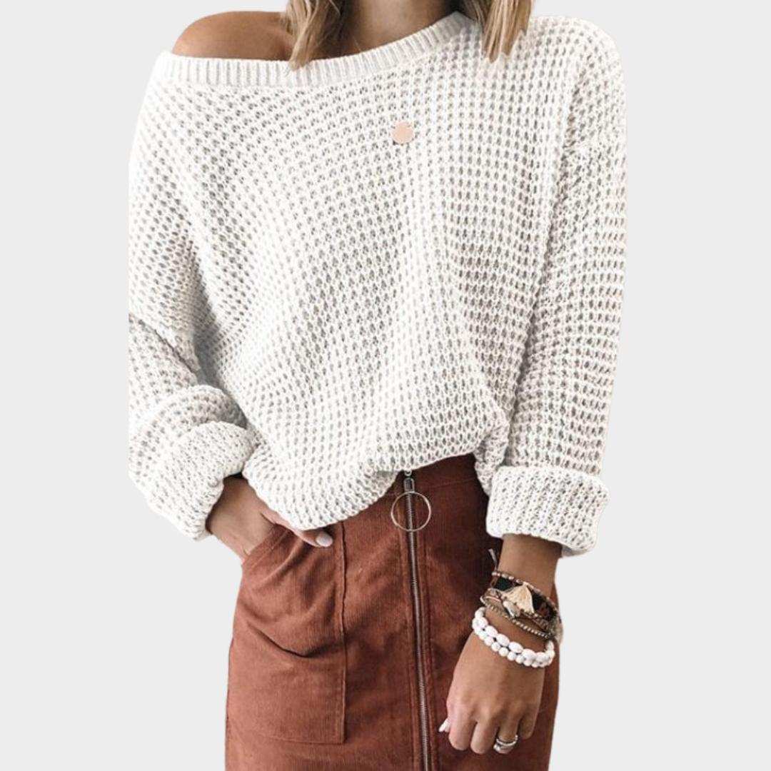 Women’s Knitted Sweater – Loose Fit Oblique Collar Waffle Wool Blend Pullover – Multiple Colours