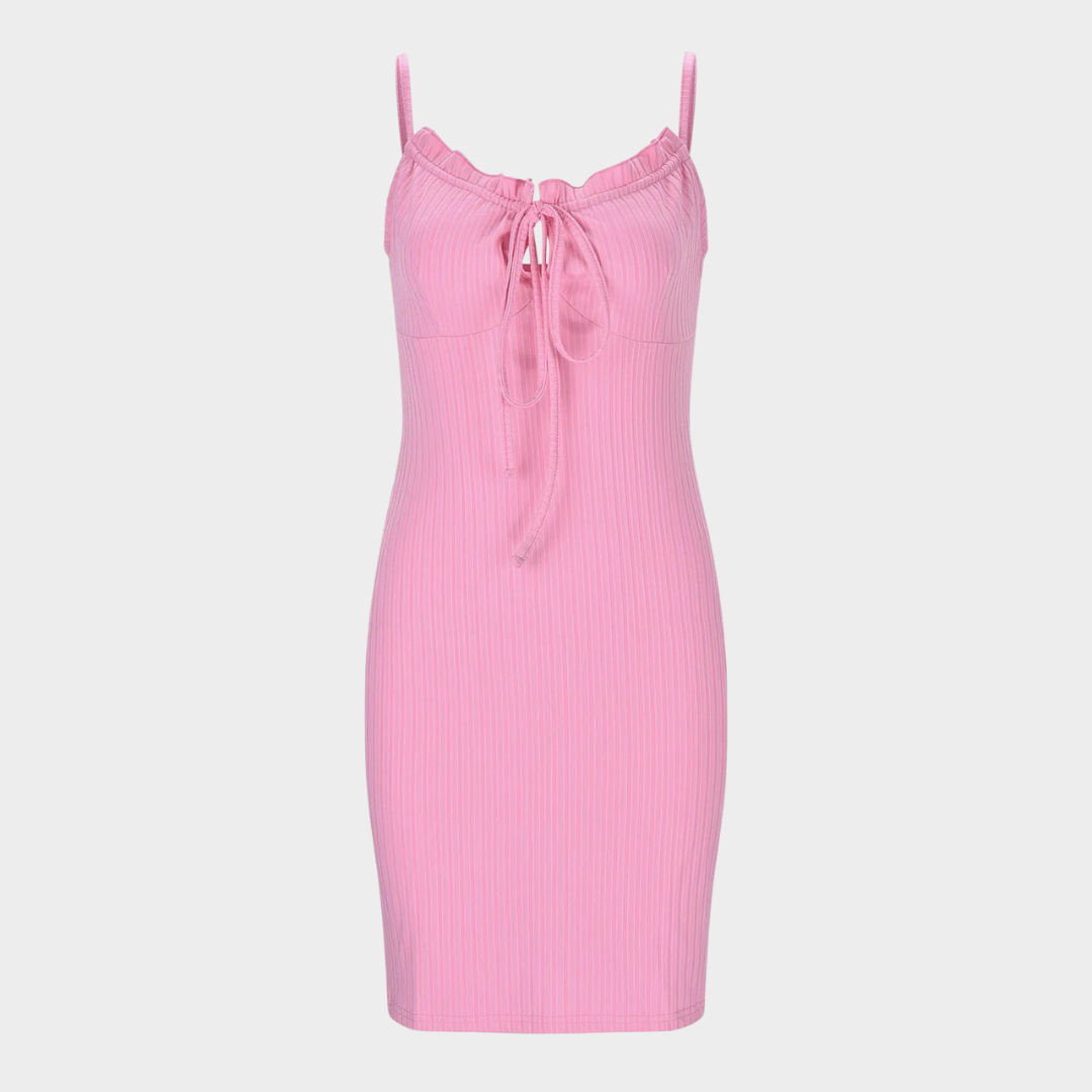 Women's Spaghetti Strap Mini Dress – Ruffled Lace-Up – Bodycon Fit – Multiple Colours