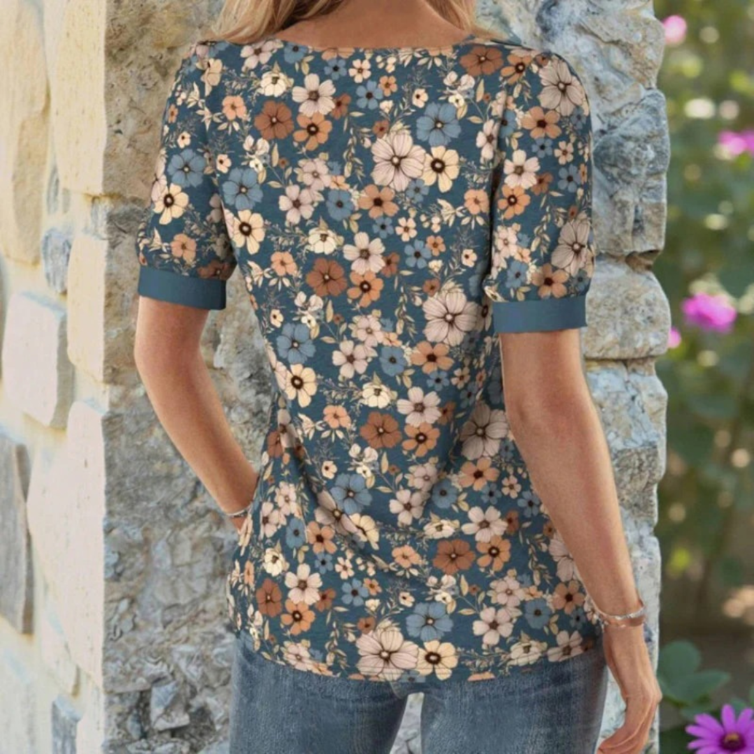 Women's Floral Print Blouse – Vintage Style Short Sleeve Diagonal Collar Cotton Polyester – Blue