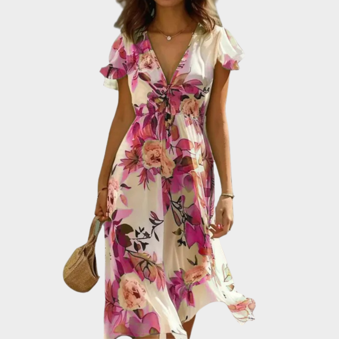 Women's Elegant Midi Dress – Short Sleeve Boho Style Party Dress – V-Neck Floral Print with Lace-Up Waist – Multiple Colours